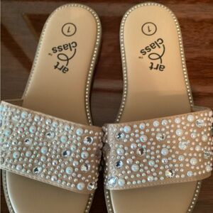 Art Class Young Girls Size 1 Slip on Sandals with Pearls and Rhinestones - Tan